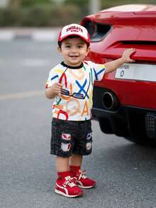 Baby Boy Letter Print Short Sleeve T-Shirt And Distressed Denim Shorts Set - Black - View 4