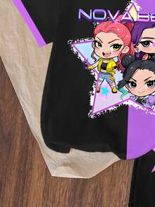 2件套KPOP女团图案数码印花T恤，女童数码印花短袖上衣和短裤套装，时尚休闲韩版风格，适合所有季节女童穿着 - 彩色 - 查看 6