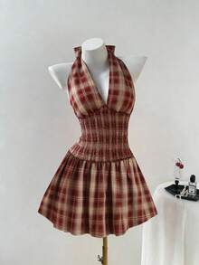 Sweetra Retro American Romantic Girly Chic Innocent Princess Casual Millennium Collegiate Music Festival Date Vacation Party Shirred Cinched Waist Backless Tie Bow Ruffle Hem Plaid Puff Mini Dress, Spring/Summer/Autumn - Red - View 1