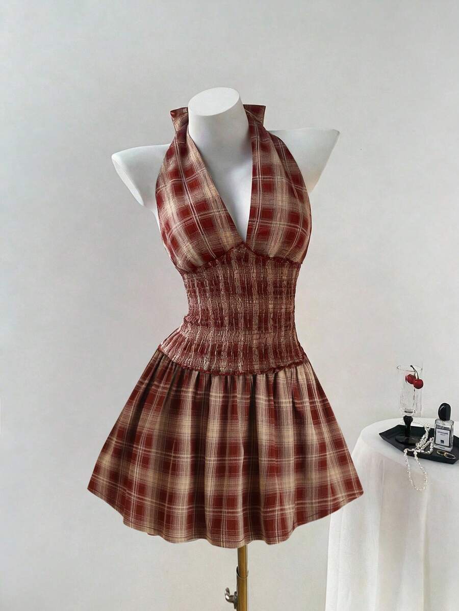 Sweetra Retro American Romantic Girly Chic Innocent Princess Casual Millennium Collegiate Music Festival Date Vacation Party Shirred Cinched Waist Backless Tie Bow Ruffle Hem Plaid Puff Mini Dress, Spring/Summer/Autumn - Red - View 1