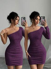 Rafferiza Đầm ôm sát gợi cảm và thanh lịch dành cho nữ, hở vai, đính sequin, thích hợp cho các bữa tiệc ngày lễ. - Màu tím - Xem 3