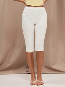 SHEIN BAE Women's Casual Lace Trim Cropped Skinny Pants, Suitable For Vacation, Daily Commute - White - View 6
