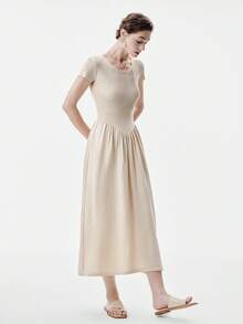 Aalyst V领短袖针织连衣裙，修身剪裁，休闲百搭，收腰设计，优雅时尚，秋季必备单品 - 卡其色 - 查看 5