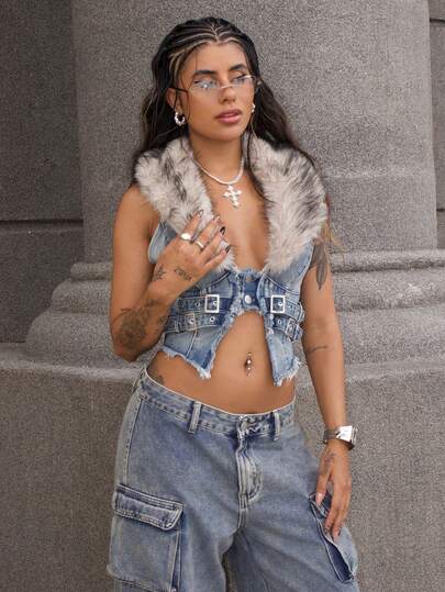 Rayane Ketlyn Y2K Removable Faux Fur Collar Denim Jacket For Women