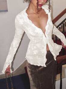 Roelina 女士休闲纯色荷叶边纽扣长袖衬衫 - 白色 - 查看 4