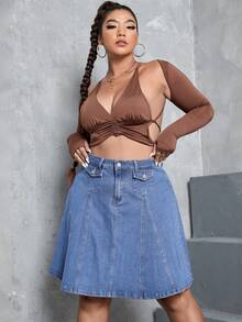 SHEIN ICON Plus Size Solid Color Belted Casual Summer Versatile Denim Mini Skirt - Light Wash - View 3
