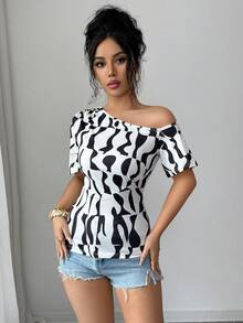 Elenzga Áo thun nữ thanh lịch họa tiết da báo, cổ lệch, tay loe ôm sát, thích hợp cho mùa xuân/hè. - Đen và trắng - Xem 6
