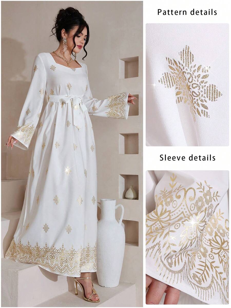 Al Najma 优雅心形领花卉箔印喇叭连衣裙，春夏款