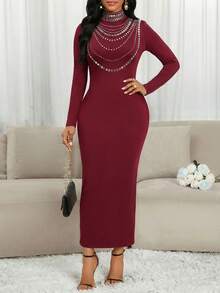 SHEIN Lady Women's Elegant Rhinestone Embellished Split Long Sleeve Dress, Autumn - Multicolor - View 3