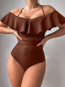 SHEIN Swim Traje de baño de una pieza con volantes de unicolor para mujer, ajuste ceñido para el verano - Marrón - Ver 3