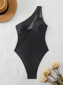 Swim SXY Damen einfarbiger Kontrast-Mesh-Badeanzug, sexy elegantes Urlaubsoutfit für minimalistische Partys und Weihnachten - Schwarz - Übersicht 6