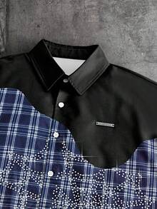 AXEPEAK Men's Plaid Print Rhinestone Decor Front Button Casual Short Sleeve Shirt - Multicolor - View 3
