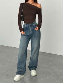 SHEIN Unity Black Oblique Shoulder Ruched Waist Fitted Long Sleeve Casual Bodysuit For Women, Autumn - Brown - View 3