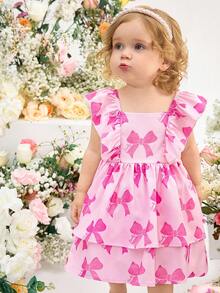 SHEIN Baby Girl Cute Casual Vacation Pink Bow Decor Short Sleeve Dress - Hot Pink - View 2