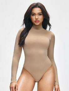 SHAPORA Bộ jumpsuit nữ không đường may cổ cao tay dài giúp thon gọn eo, bộ jumpsuit định hình cơ bản dành cho nữ, có thể mặc như áo khoác ngoài. - Màu be - Xem 4