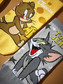 TOM & JERRY X SHEIN 2Pairs Soft & Breathable Moisture-Wicking Casual Women Ankle Socks Fashionable Cute Cartoon Grey & Yellow Short Socks Reinforced Toe & Heel For Durabiliy Unisex Men All Season All-Match Summer Winter,Graphics Socks - Multicolor - View 3