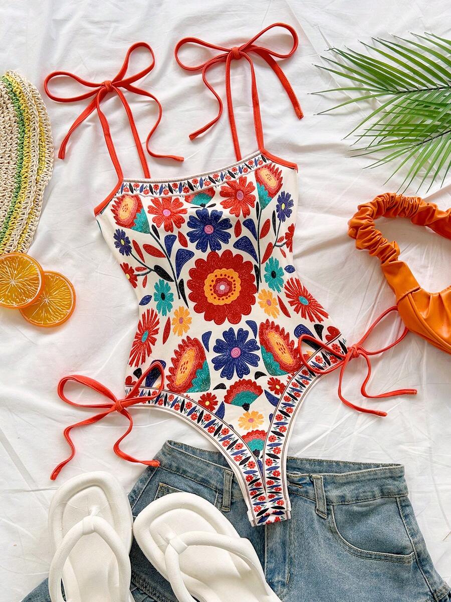 Soleia Women's Vacation Floral Print Tie-Front Bodysuit - Multicolor - View 1