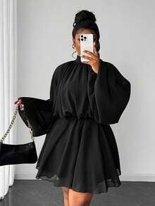 Maweii Plus Size Elegant Solid Color Stand Collar Lantern Sleeve Dress, Suitable For Commuting - Black - View 4