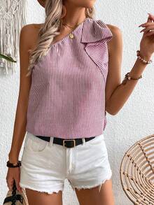 Breezaya 女士不对称领口无袖条纹印花休闲衬衫，夏季单肩上衣 - 酒紅色 - 查看 6