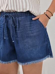 SHEIN CURVE+ Plus Size Women Drawstring Waist Pockets Wide Leg Loose Frayed Hem Casual Denim Shorts - Blue - View 6