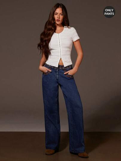 Athîral Women's Casual Boho Style Embroidered Rivet Denim Jeans