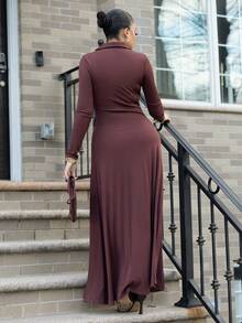 Melissa Matos Women's Standard Size Solid Color Ribbed Fitted Elegant Knit Dress, Autumn/Winter - Coffee - View 2