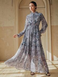 Anewsta 女士新款腰果花印花长袖优雅A字长裙，奢华精致，假日之选 - 藍色 - 查看 3