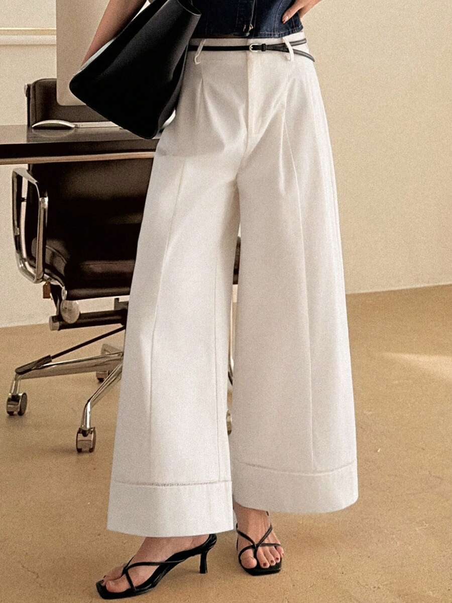 DAZY 女士高腰褶皱宽松直筒裤，休闲都市风 - 白色 - 查看 1