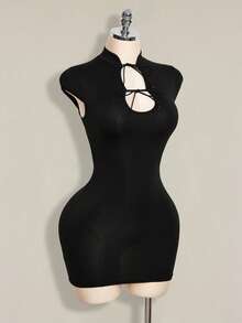 SHEIN ICON Đầm mini ôm sát cơ thể thanh lịch màu trơn khoét eo xoắn dành cho nữ - màu đen - Xem 8
