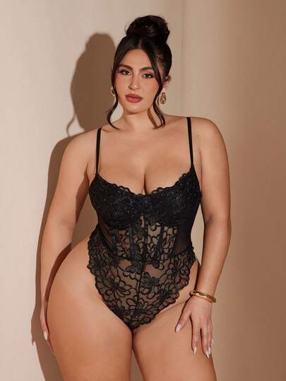 SHEIN BAE Plus Size Women Floral Lace Camisole Bodysuit, Black Top,Women's With Adjustable Spaghetti Straps, Sexy Backless Sheer Lingerie, Black Bodysuit, Sexy Bodysuit, Lace Bodysuit ,Bodysuits For Women,Suitable For Graduation Receptions, Cocktail Parties, Romantic Dates, Autumn And Winter Bottoming Jumpsuits, Parties, Nightclubs, Night Out Jumpsuits, Halloween Jumpsuits, Christmas Jumpsuits,Halloween,Spring To Summer ,Spring Outfit Women,Valentine's Day Outfit ,Women Carnival Costume,Party,Beach Outfit For Women,Wedding,Elegant,Summer Holiday Outfits,Vacation,Sexy Top