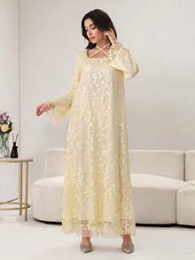 Yasmyna Đầm dạ hội lưới thêu họa tiết cầu kỳ theo phong cách Ả Rập Trung Đông mới - Màu be - Xem 3