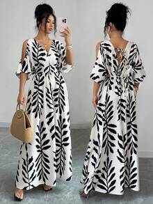 Elenzga Đầm dài mùa hè thanh lịch dành cho nữ với họa tiết dệt. - Màu be - Xem 1