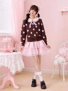 ROMWE Kawaii 复古波点蝴蝶结女士开衫 - 巧克力棕 - 查看 2