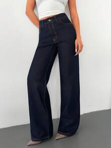 100% Cotton Casual High Waist Straight Leg Women's Jeans - Dark Wash - View 5