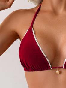 Swim Vcay 两件套女士极简性感蕾丝边三角比基尼套装，带挂脖系带 - 酒紅色 - 查看 5