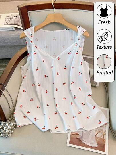 GlowEve CURVE 大码优雅扭结无袖樱桃印花夏季衬衫