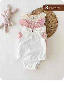3pcs/Set Newborn Baby Girl Cute Knitted Ruffle Romper Set, Summer - Multicolor - View 2