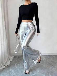 Elenzga Women's Contrast Lace Flared Hem Slit Leggings, Fashionable For Party - Silver - View 5