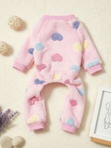 PETSIN 1 pieza Mono de felpa para mascotas con estampado de corazón rosa, cálido, adecuado para gatos y perros medianos y pequeños - Multicolor - Ver 2