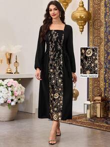Al Najma 黑色花卉刺绣方领阿拉伯风格女式连衣裙 - 黑色 - 查看 1