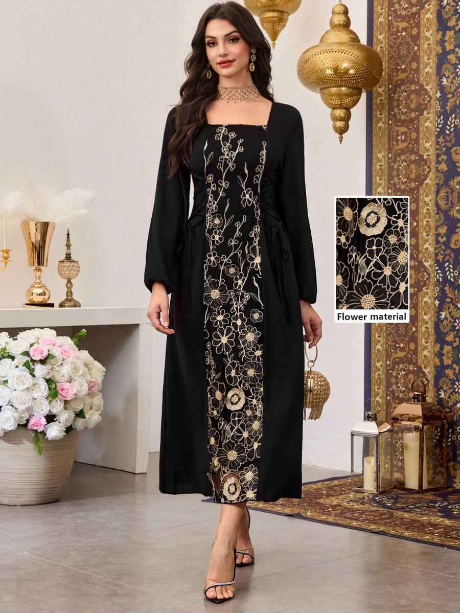 Al Najma 黑色花卉刺绣方领阿拉伯风格女式连衣裙 - 黑色 - 查看 1