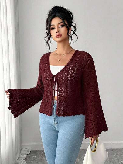 Elenzga Plus Size Women Elegant Tie-Front Hollow Out Long Sleeve Knit Cardigan