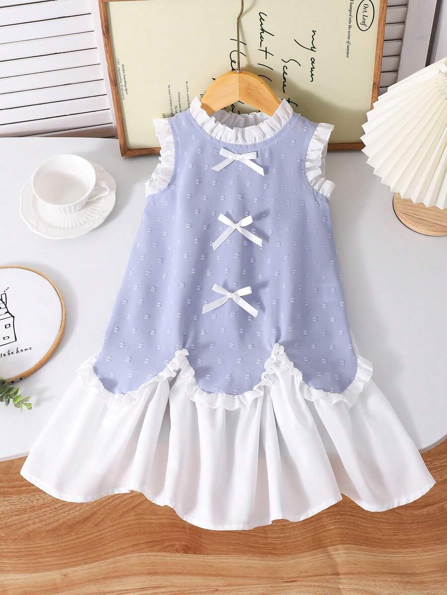 SHEIN Elladie kids 少女提花面料蝴蝶结装饰时尚连衣裙 - 藍色 - 查看 1