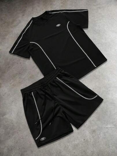 PAVTROS Plus Size Men's Casual Contrast Stitching T-Shirt And Shorts Set, Summer