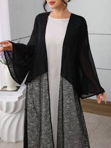 Al Najma Spring/Summer Elegant Contrast Lace Flare Sleeve Cardigan With Round Neck Camisole Dress Robe Abayas - Multicolor - View 4
