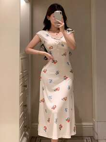 DAZY White Ditsy Floral V-Neck Ruffle Trim Waist Cinched Long Women Nightgown - White - View 4