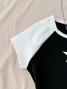 少女黑白撞色星星印花休闲圆领T恤，夏季 - 黑與白 - 查看 5