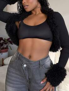 Tyla Gomez Solid Fuzzy Trim Open Front Crop Fall Clothes Women Jacket - Black - View 6