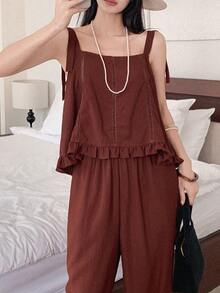 DAZY Damen Blumen Spitze Patchwork Trägerhemd und weite minimalistische Bundfaltenhose, Urlaubsstil lässiges Zweiteiler Set Sommer Loungewear für Frauen Kurze Sets für Frauen - Rot - Übersicht 4