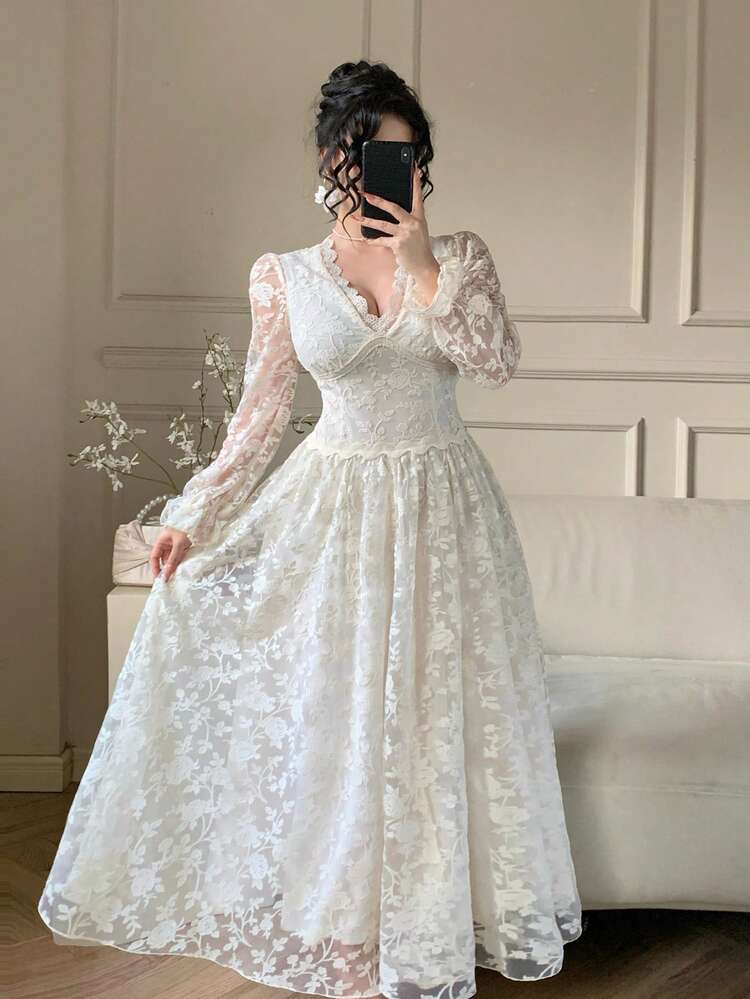 Women's V-Neck Lace Patchwork Waist Cinched Long Sleeve Maxi Elegant Party Dress Sundress